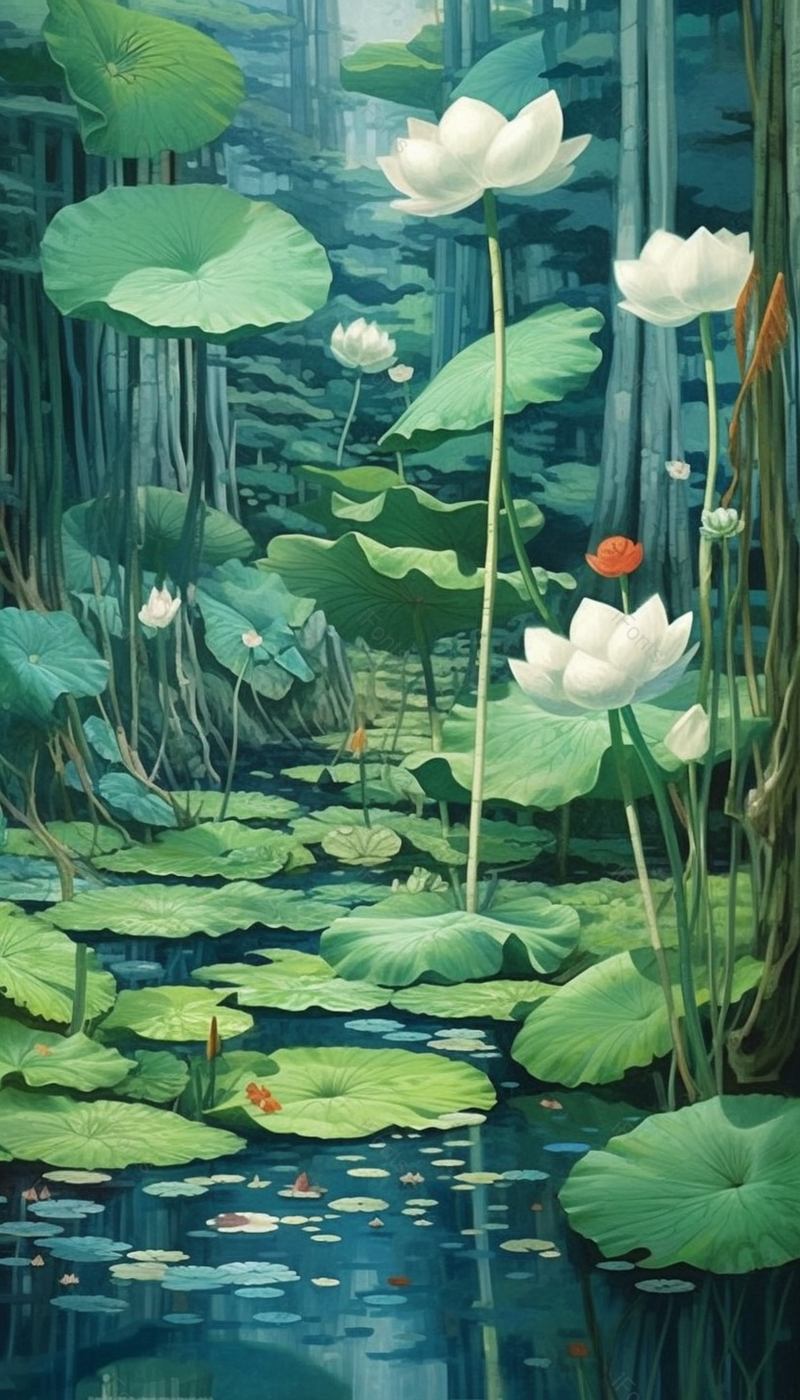 绿色夏日荷花盛开接天莲叶工笔画插画背景,插画/手绘图,插画/手绘图库,插画/手绘图下载,插画/手绘